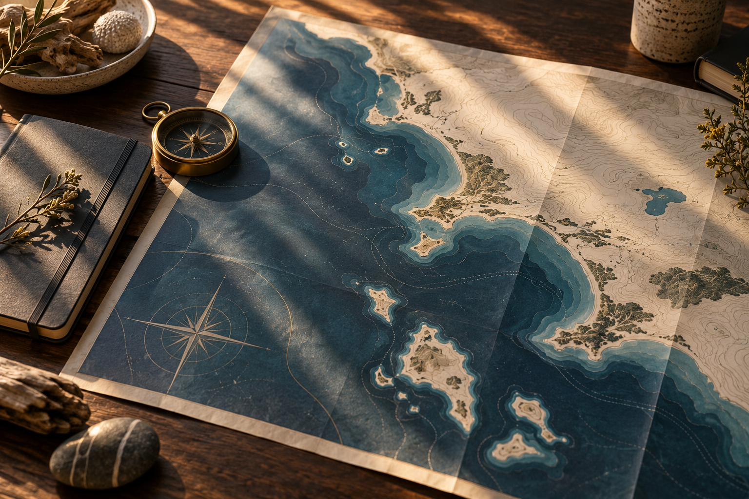 A dimensional coastal route map, brass compass and field notebook