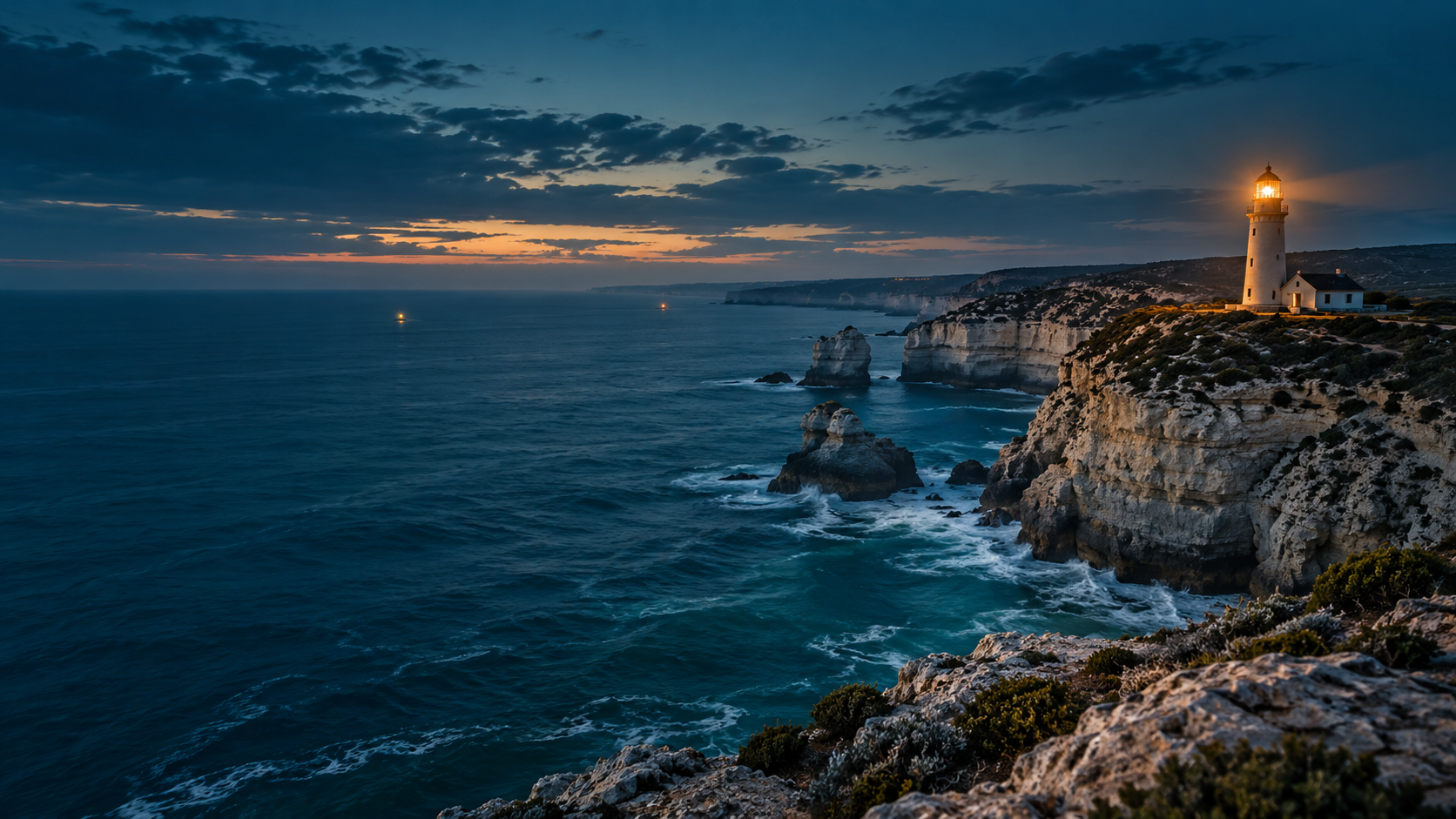 South Australian limestone coast and lighthouse at blue hour